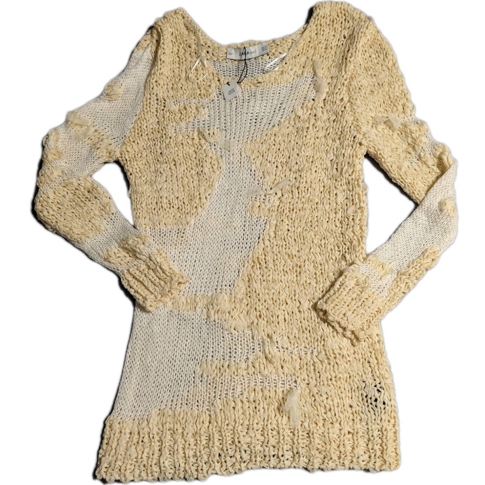 Zara Knit Sweater Womens S Cream Chunky Open Knit Textured Boho‎ Limited Edition